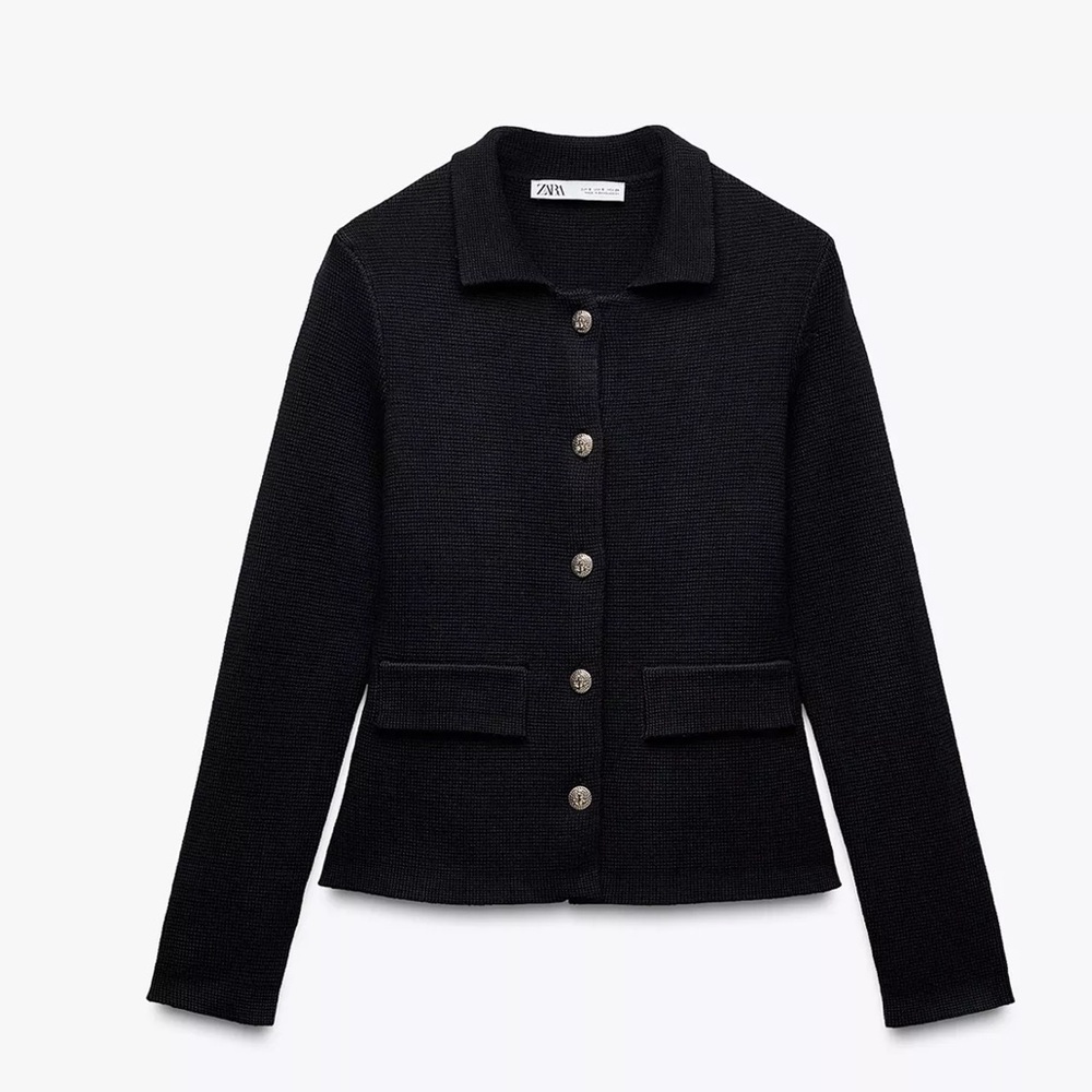 Zara Navy Knit Blazer with Gold Buttons